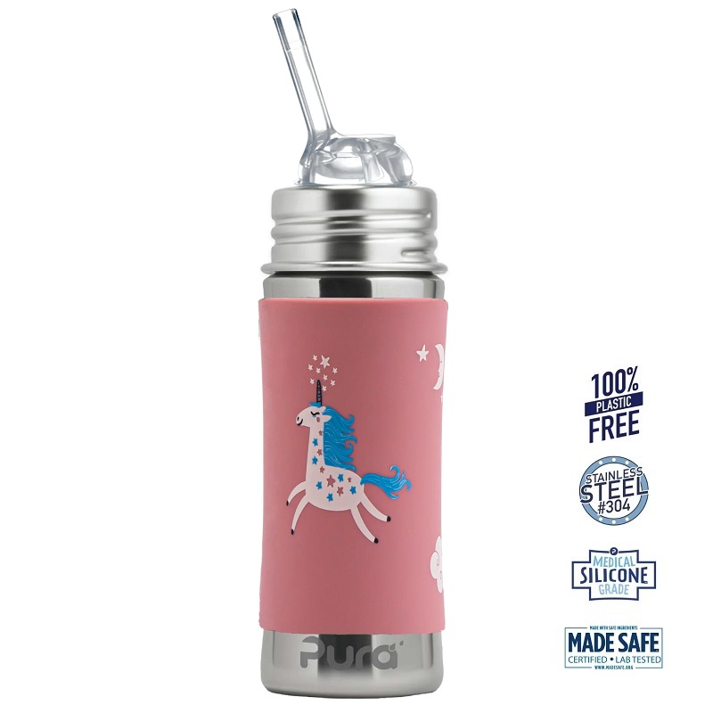 Pura    Kiki Straw Baby Sutteflaske 6  Mdr  Enhjørning 325ml   Fast Flow