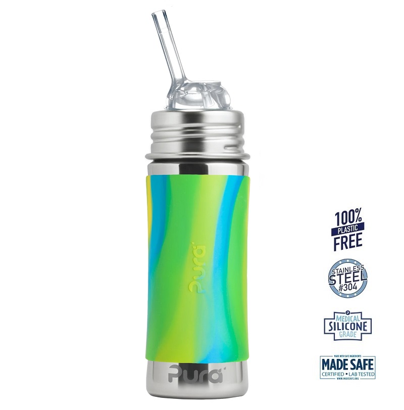 Pura    Kiki Straw Baby Sutteflaske 6  Mdr  Mint   Moss   Aqua 325ml   Fast Flow