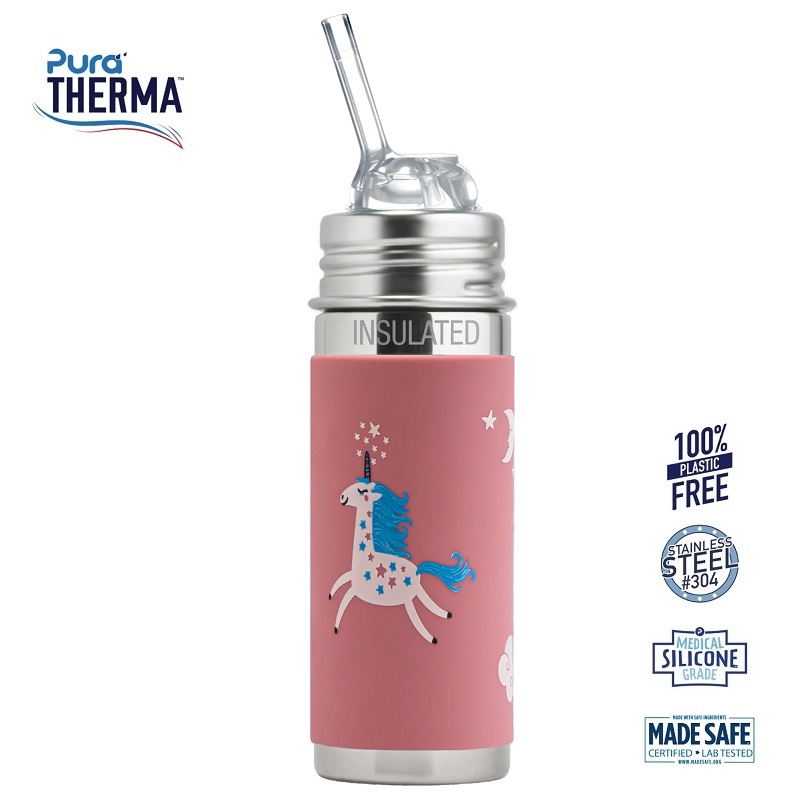 Pura    Therma Kiki Straw Baby Sutteflaske 6  Mdr  Enhjørning 260ml   Fast Flow