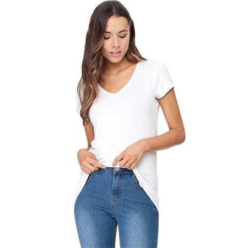 Women S V Neck T Shirt Hvid Str  M   1 Stk